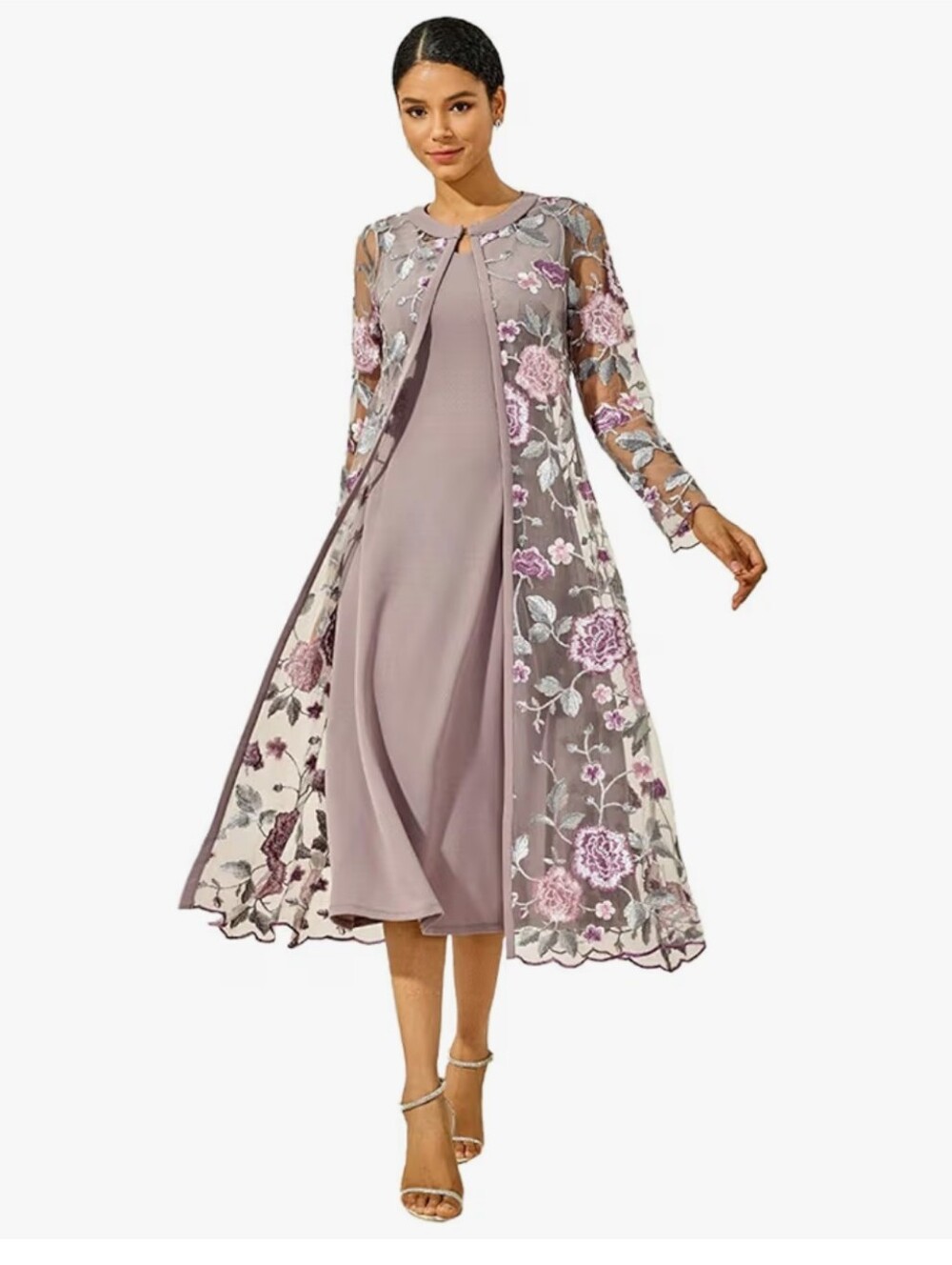 Floral Lace Ruffle Midi Dress with Sheer Embroidered Overlay - Mauve